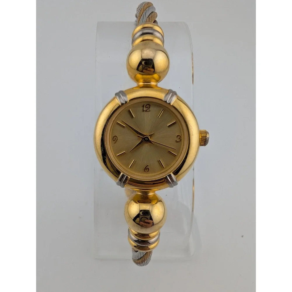 Women's 23K Gold Plated Bangle Watch 23mm Case Twisted‎ Metal Band- New Battery